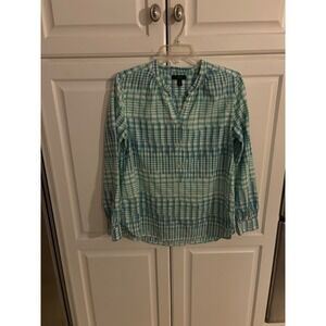 J.Crew Womens Green Blue Ikat Gingham Plaid Cotton Blouse Top Size 6